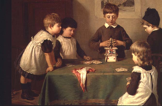 A Critical Moment, detail of children building a house of cards, 1889  van Harry Brooker