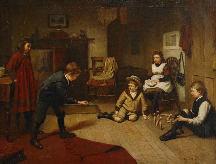 Children Playing in an Interior van Harry Brooker