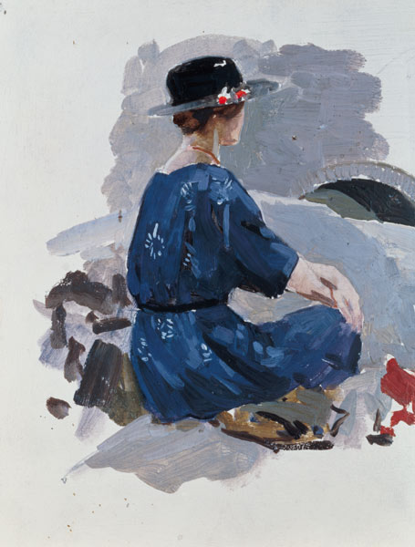Woman in a blue dress and wide brimmed hat sitting upon rocks (oil on paper) van Harry Watson