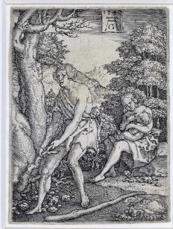 Die Geschichte von Adam und Eva: Adam und Eva arbeiten van Heinrich Aldegrever