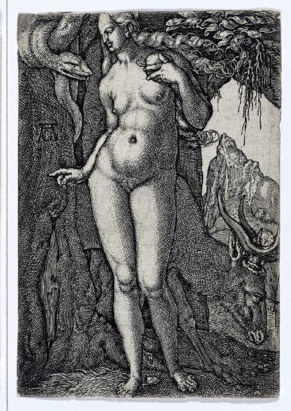 Die Geschichte von Adam und Eva: Eva mit einer Hirschkuh van Heinrich Aldegrever