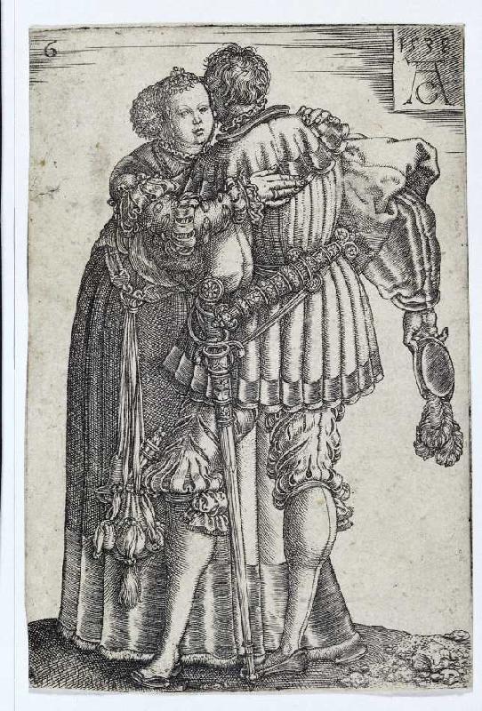 Tanzendes Paar (Blatt 6 der Folge: 'Die großen Hochzeitstänzer'). van Heinrich Aldegrever