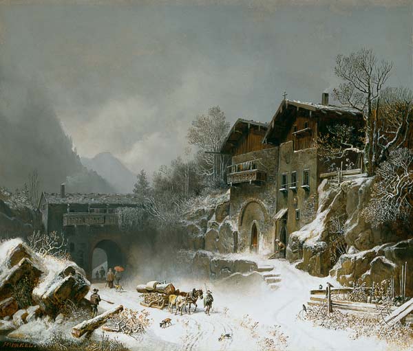 Die Häuser von Rattenberg im Winter van Heinrich Bürkel