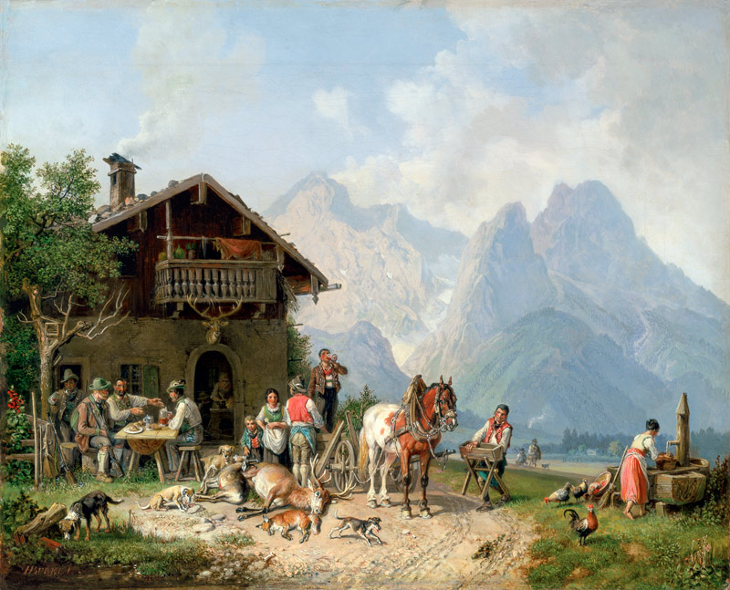 Jagers die zich vermaken voor het jachtslot bij Partenkirchen van Heinrich Bürkel