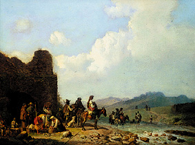 Campagna-Landschaft mit ziehenden Landleuten vor einer Ruine van Heinrich Bürkel