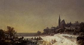 Winterliches Dorf mit Kirche an einem See van Heinrich Bürkel