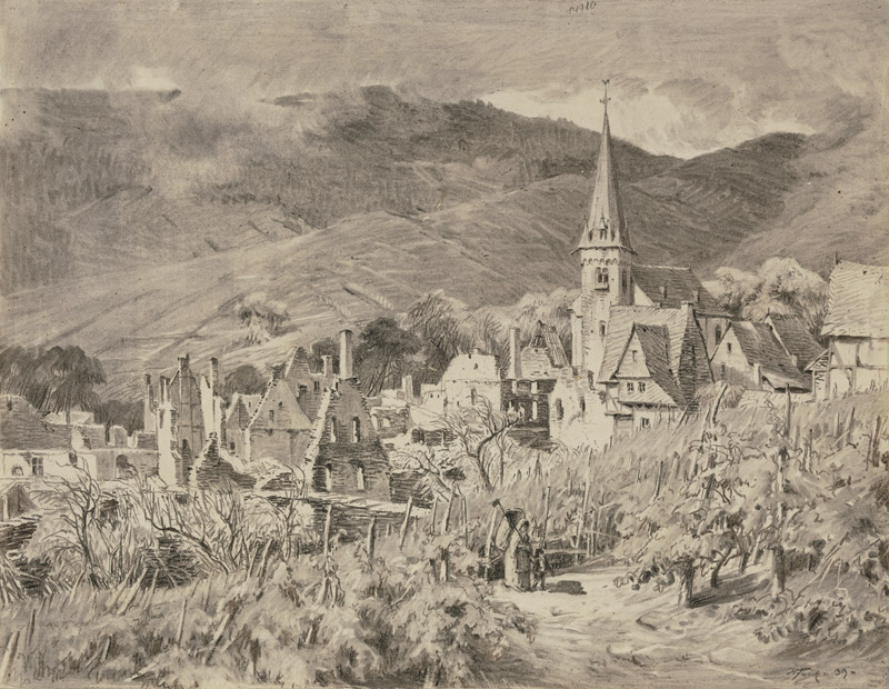 Ansicht eines ruinösen Dorfes, umgeben von Weinbergen van Heinrich Funk