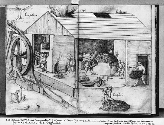 Silver mine of La Croix-aux-Mines, Lorraine, fol.22v and fol.23r, foundry and refining, c.1530 van Heinrich Gross or Groff