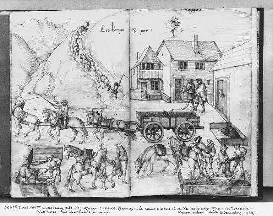 Silver mine of La Croix-aux-Mines, Lorraine, fol.20v and fol.21r, transporting the ore, c.1530 van Heinrich Gross or Groff
