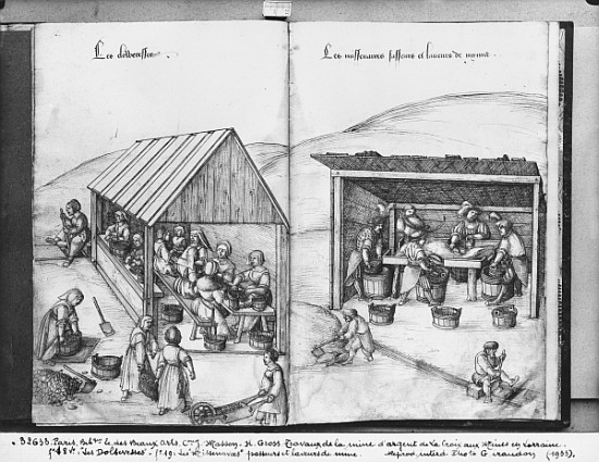 Silver mine of La Croix-aux-Mines, Lorraine, fol.18v and fol.19, sorting out and washing the ore, c. van Heinrich Gross or Groff