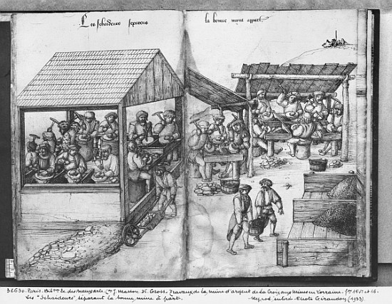 Silver mine of La Croix-aux-Mines, Lorraine, fol.15v and fol.16r, miners sorting the ore out, c.1530 van Heinrich Gross or Groff