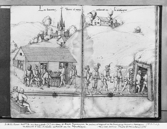 Silver mine of La Croix-aux-Mines, Lorraine, fol.8v and fol.9r, miners entering the mine, c.1530 van Heinrich Gross or Groff