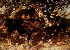 Bauern mit Kühen im Schatten eines Baumes. van Heinrich von Zügel