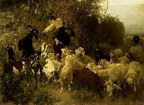 Knaben beim Füttern von Ziegen und Schafen van Heinrich von Zügel