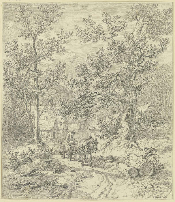 Waldinneres mit Bauer auf Fuhrwerk van Heinrich Winter
