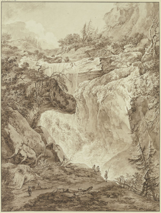 Wasserfall in einer Gebirgsschlucht, im Vordergrund vier Angler van Heinrich Wüest