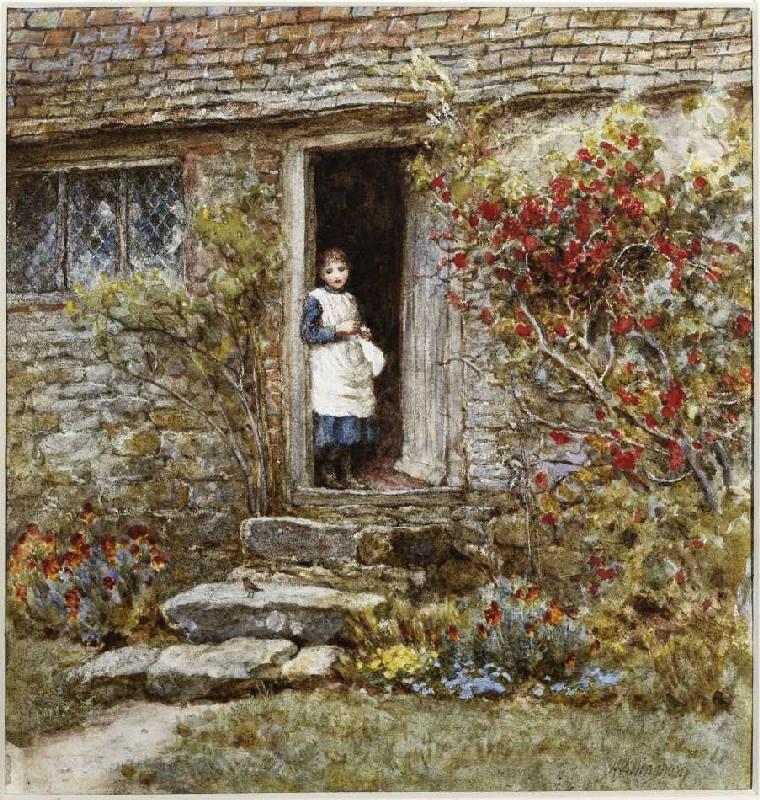 Mädchen in der Tür eines Bauernhauses. van Helen Allingham
