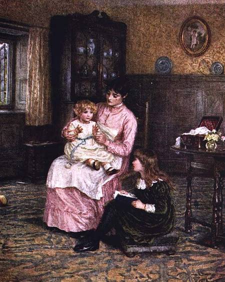 Mother playing with children in an interior van Helen Allingham