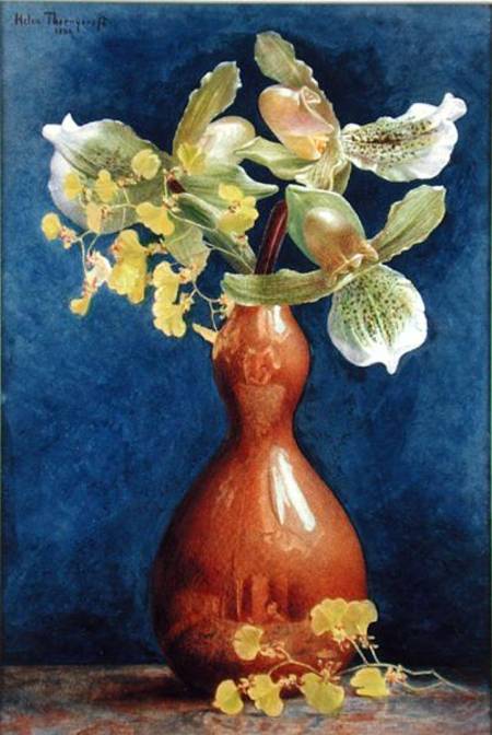 Orchids in a Copper Vase van Helen Thornycroft