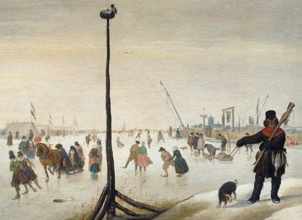 A duck hunter and his dog in a winter landscape (panel) van Hendrik Averkamp