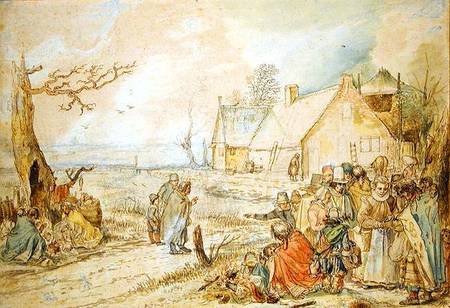 Landscape with Gypsy Fortune-Tellers (pen and w/c on paper) van Hendrik Averkamp