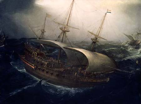 Dutch Battleship in a Storm  (detail) van Hendrik Cornelisz. Vroom
