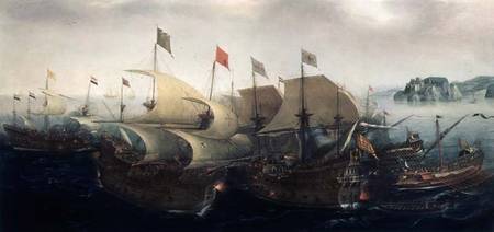 A Sea Action, possibly the Battle of Cadiz van Hendrik Cornelisz. Vroom