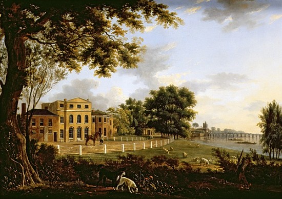 View of Chelsea Farm with the Thames and Battersea Bridge van Hendrik Frans de Cort