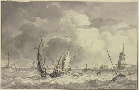 Bewegte See mit vielen Schiffen, rechts der Hafen mit einer Windmühle und einer großen Kanone