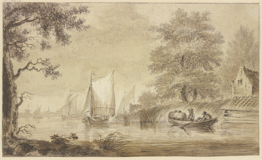 Flußgegend mit segelnden Schiffen van Hendrik Spilman
