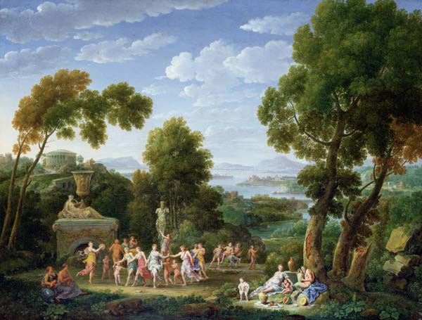 A Wooded Italianate Landscape with Nymphs Dancing van Hendrik van Lint
