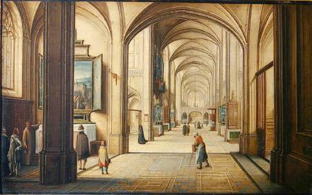 Church interior with a sacristan showing a painting to visitors van Hendrik van Steenwyk