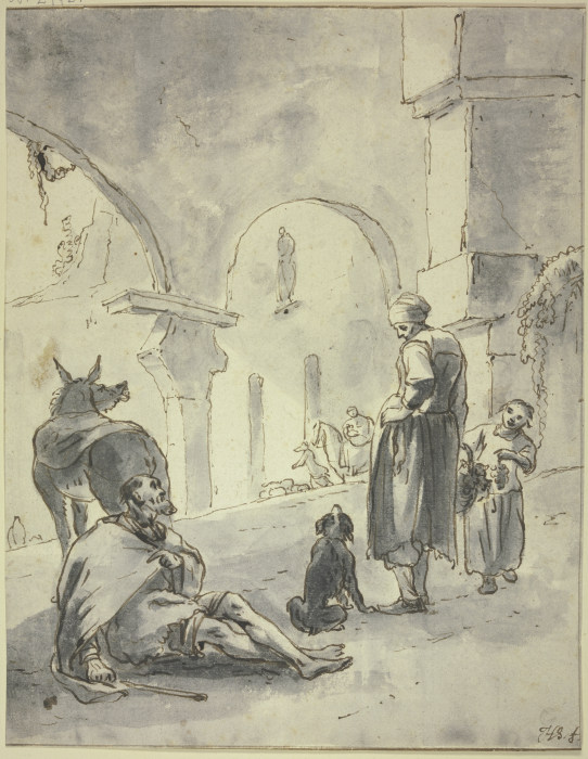 In einer Halle sitzt ein Bettler bei einem Esel, vor ihm eine Frau, ein Kind und ein Hund van Hendrik Verschuring