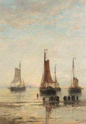 Voor anker liggende schepen op het strand - Hendrik Willem Mesdag
