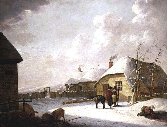Figures Outside a Cottage in the Snow van Hendrik Willem Schweickardt