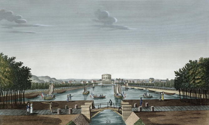 Vief of the Bassin du Canal de l'Ourq a la Villette, c.1815-20 (colour engraving) van Henri Courvoisier-Voisin