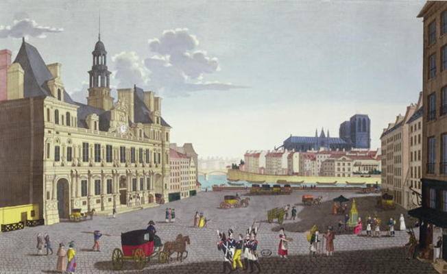 View of the Place de l'Hotel de Ville, as seen from the Rue du Mouton, engraved by Guiguet, c.1815-2 van Henri Courvoisier-Voisin