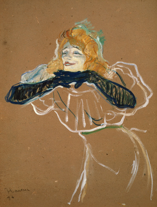 Die Chanteuse Yvette Guilbert singt Linger Longer Loo. van Henri de Toulouse-Lautrec