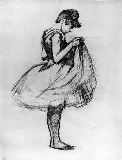 Dancer adjusting her costume and hitching up her skirt van Henri de Toulouse-Lautrec