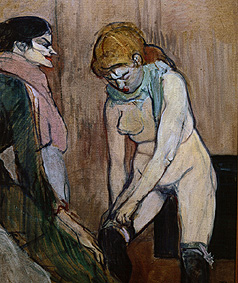 Junge Frau beim Anziehen des Strumpfes. van Henri de Toulouse-Lautrec