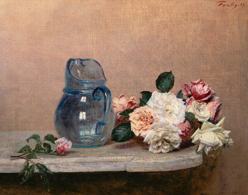 Glasvase und Rosen van Henri Fantin-Latour