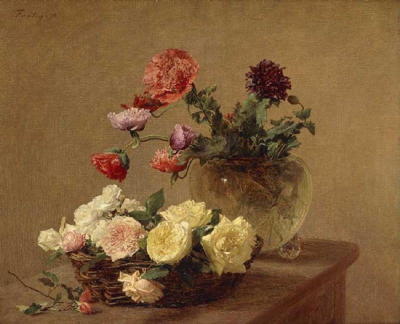 Blumen in Glasvase und Korb mit Rosen van Henri Fantin-Latour