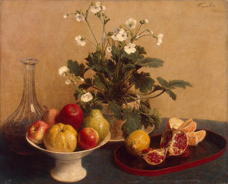 Flowers, Dish with Fruit and Carafe van Henri Fantin-Latour