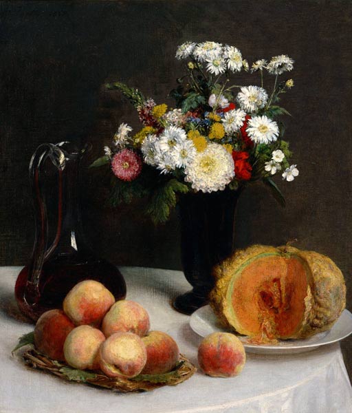 Still Life with Decanter, Flowers and Fruits van Henri Fantin-Latour