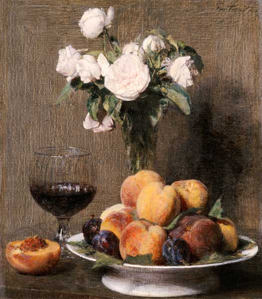 Stillleben mit Rosen, Früchten und einem Weingls van Henri Fantin-Latour