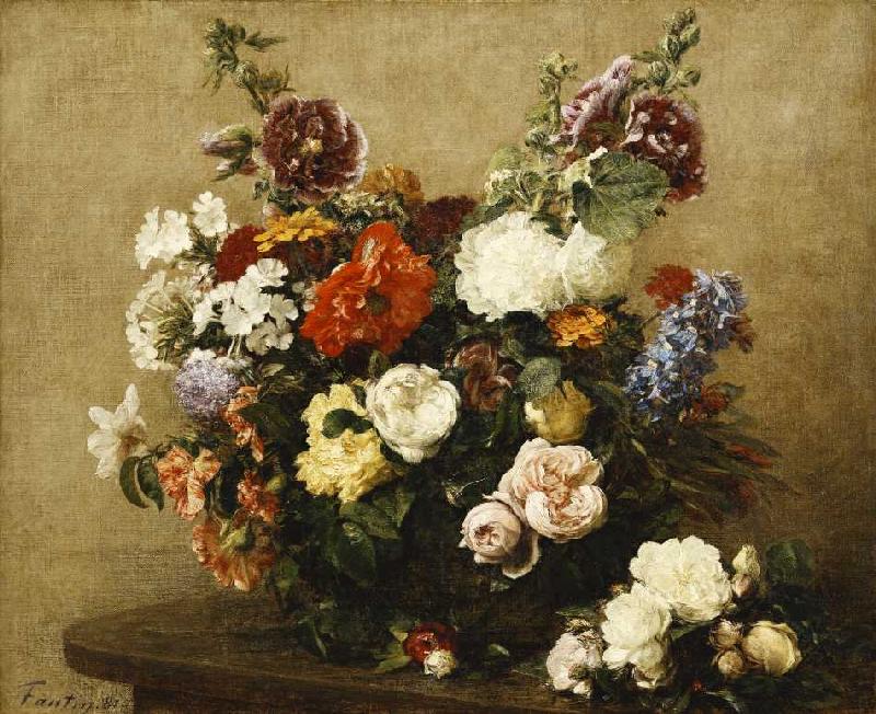 Strauß aus verschiedenen Blumen und Rosen auf einem Tisch van Henri Fantin-Latour