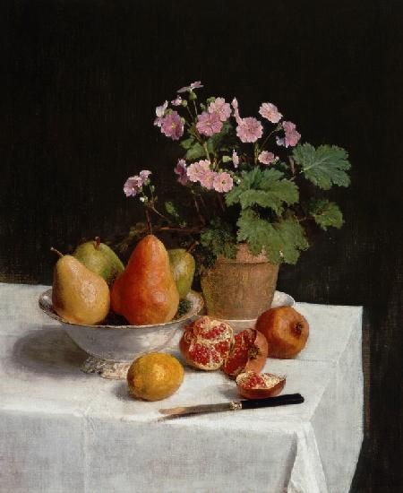 Still life with primroses and pears