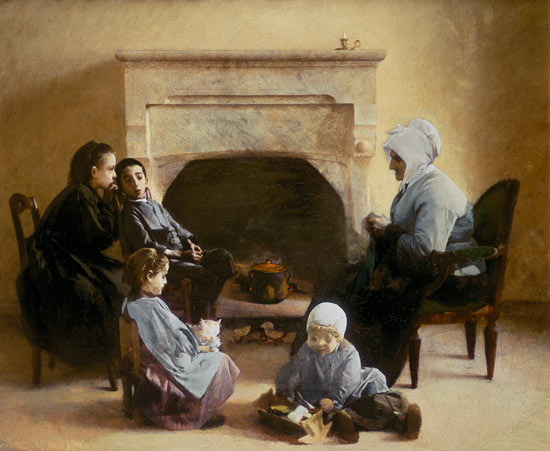 Family seated around a hearth van Henri Jules Jean Geoffroy