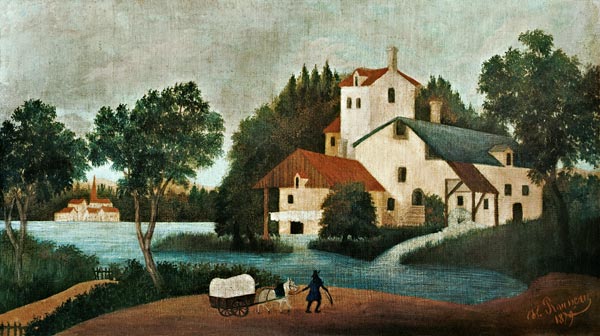 Landschaft mit Wassermühle und Wagen van Henri Julien-Félix Rousseau