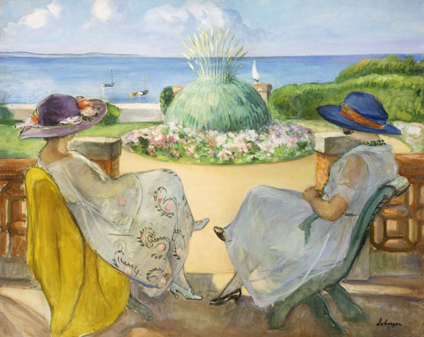 Zwei junge Frauen auf einer Terrasse am Meer van Henri Lebasque